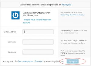 Formulaire d'inscription sur Gravatar