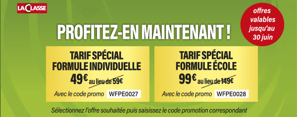 Jusqu'au 30 juin : formule individuelle à 49 € au lieu de 59 € avec le code WFPE0027et formule école à 99 € au lieu de 149 € avec le code promo WFPE0028